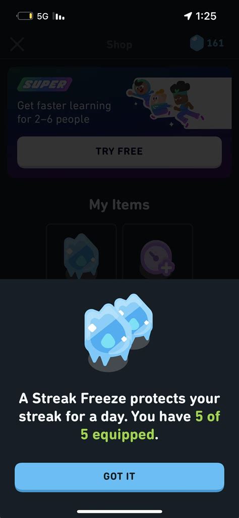 duolingo streak freeze 5/5 equipped